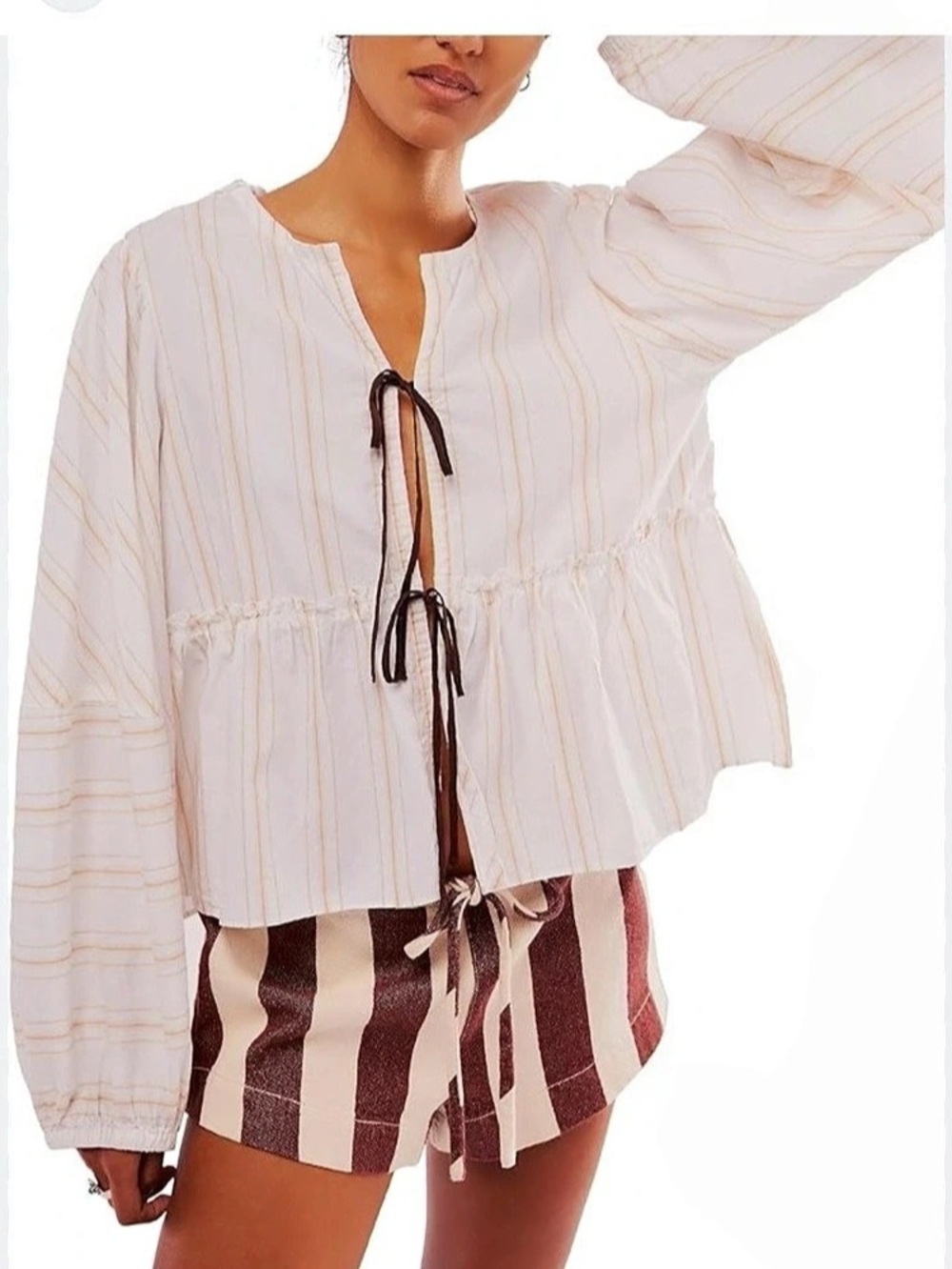 Free People Brunch Babe Blouse White & Pink Striped